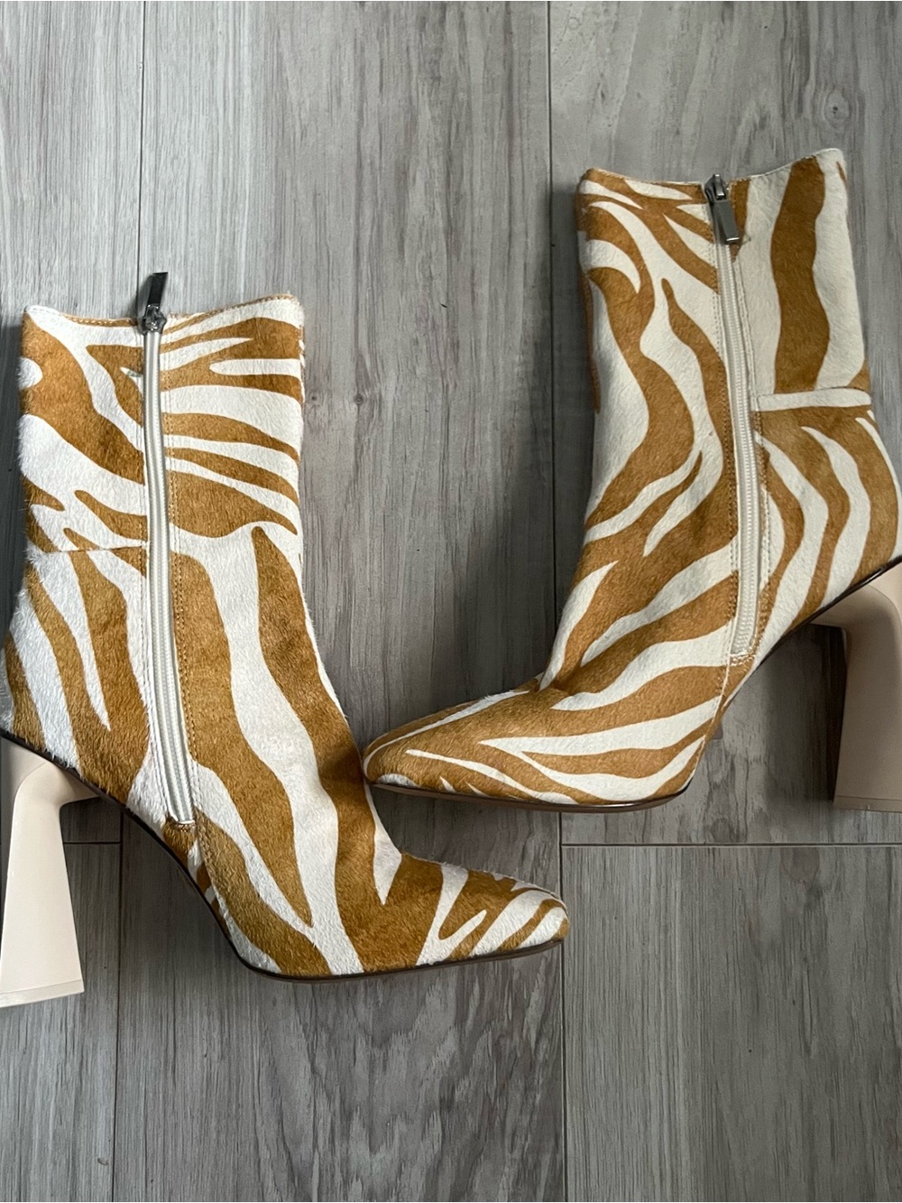 ASOS Faux Calf Hair Women’s Zebra Print Square Toe Ankle Boots - White & Tan